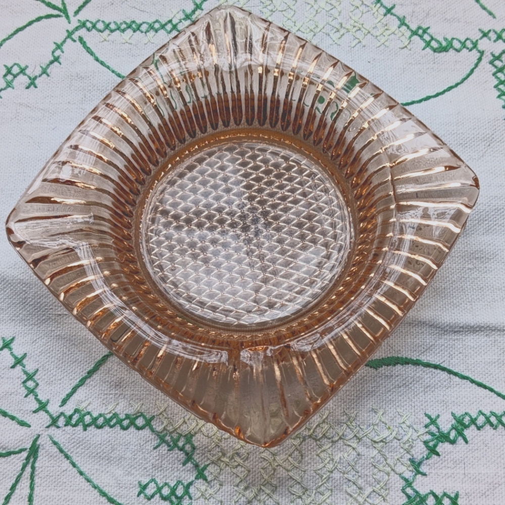 Pink depression glass square ashtray
